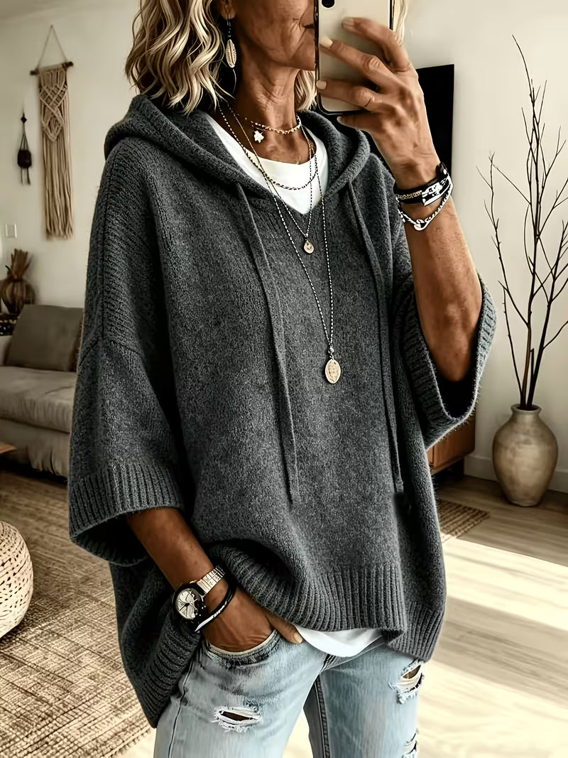 Hooded Drawstring Oversized Knit Poncho Sweater 18