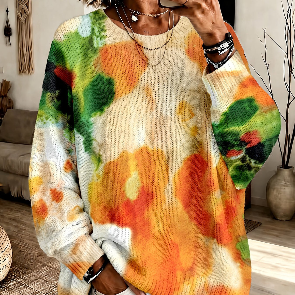 Watercolour Print Crew Neck Long Sleeve Oversized Sweater