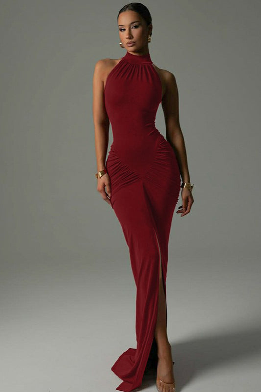 Halter Neck Ruched Draped Bodycon Maxi Party Gown - View 3