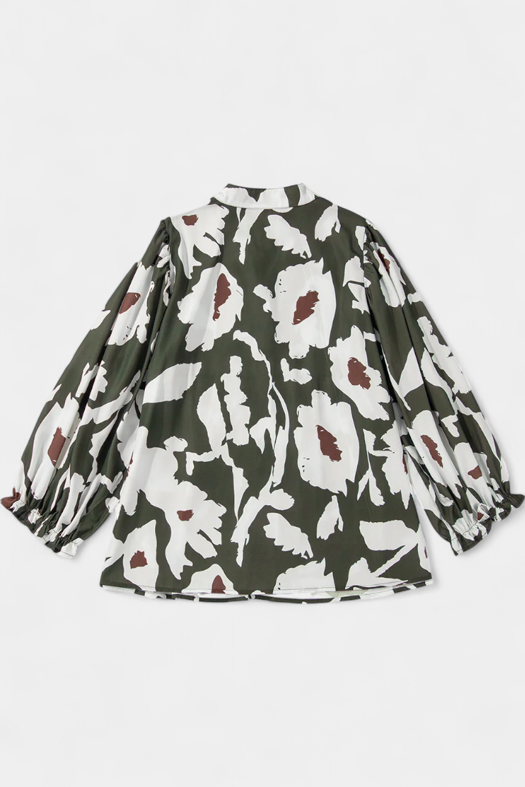Abstract Floral Notch Neck Puff Sleeve Peplum Blouse 6
