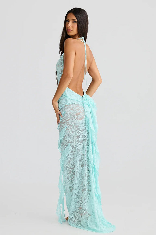 Backless Lace Halter Bodycon Maxi Dress - View 2