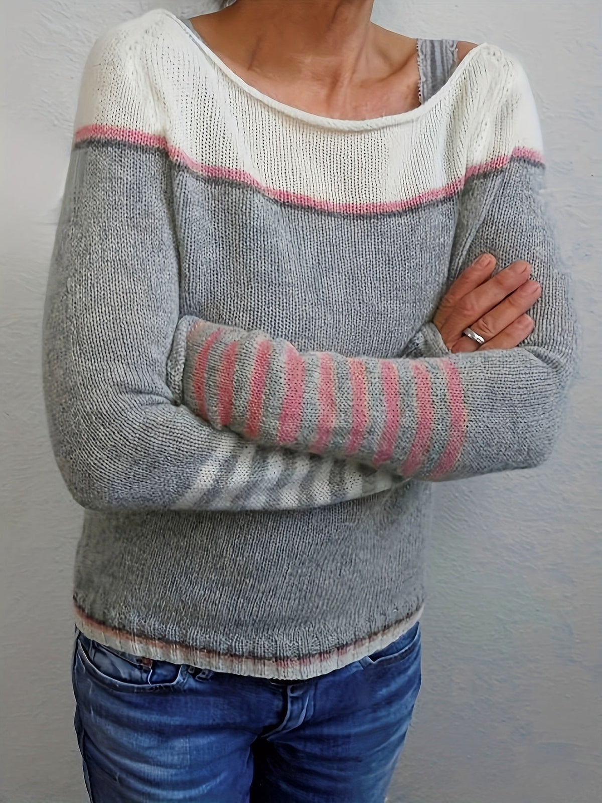 Boat Neck Long Sleeve Striped Lightweight Knit Sweater 2