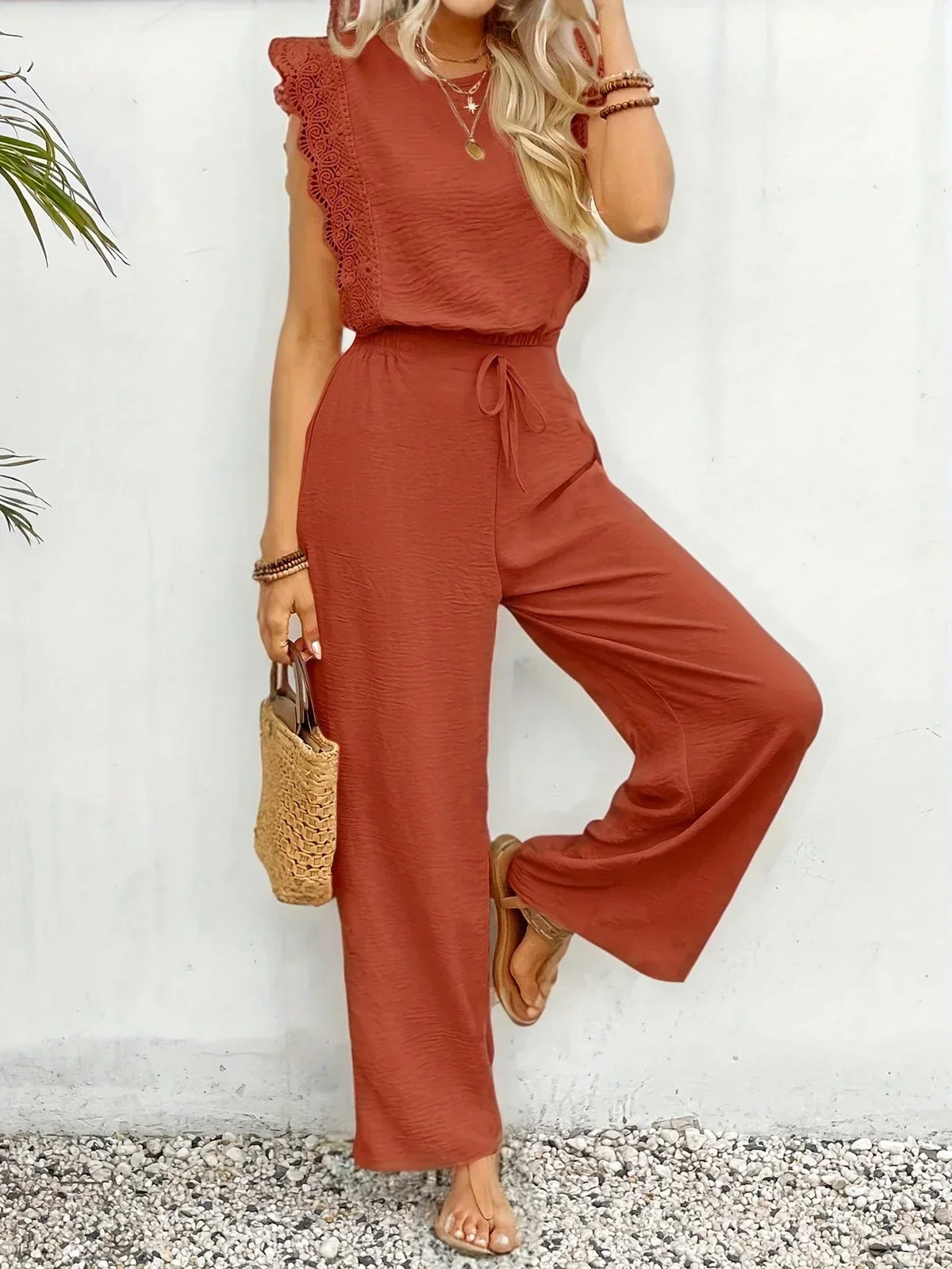 Round Neck Lace Trim Sleeveless Wide Leg Jumpsuit 12