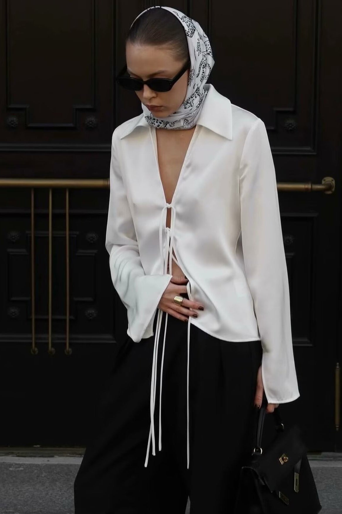 Acetate Satin Bow Tie V Neck Minimalist Long Sleeve Blouse