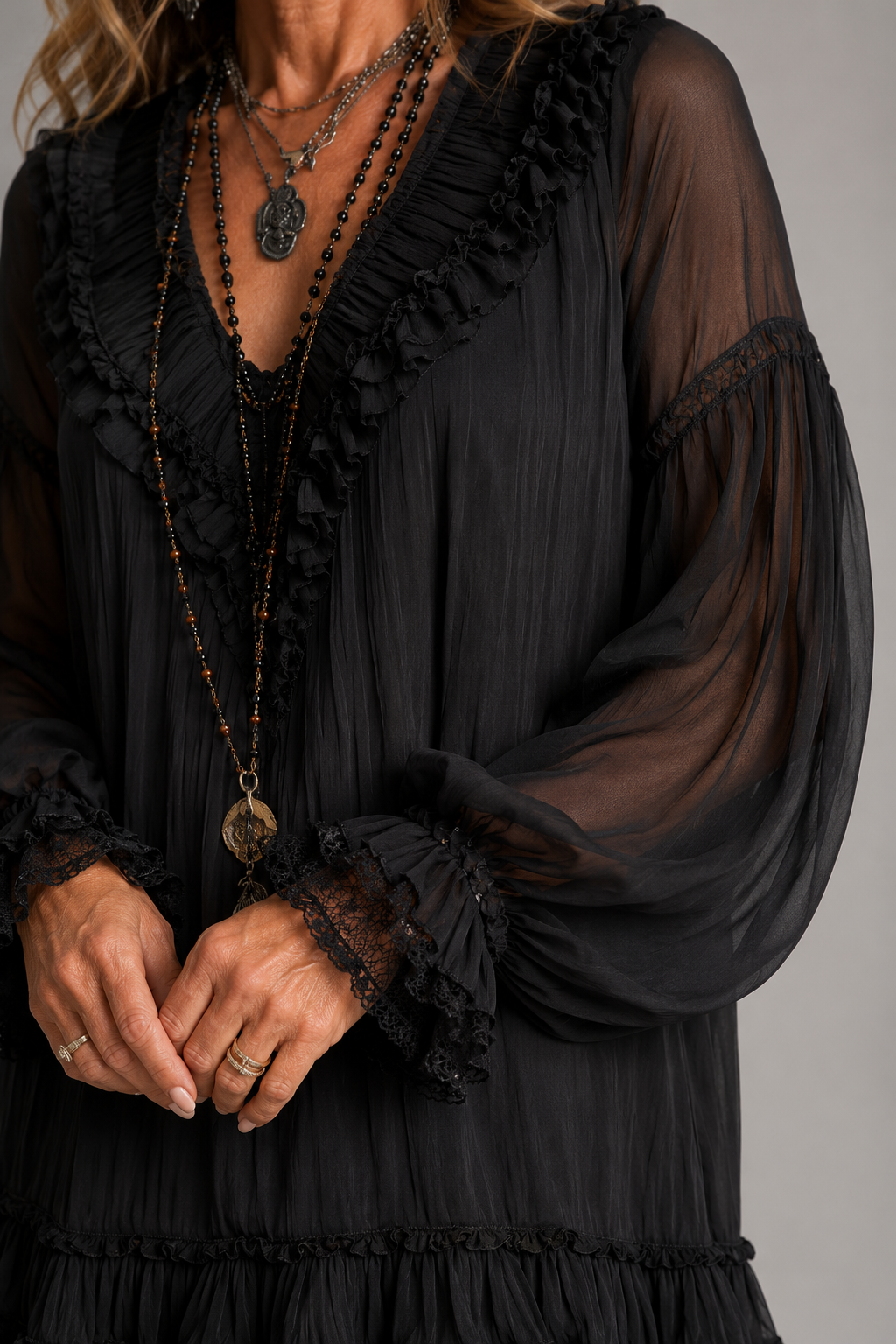 V-Neck Long Sleeve Ruffle Tiered Sheer Mini Dress 4