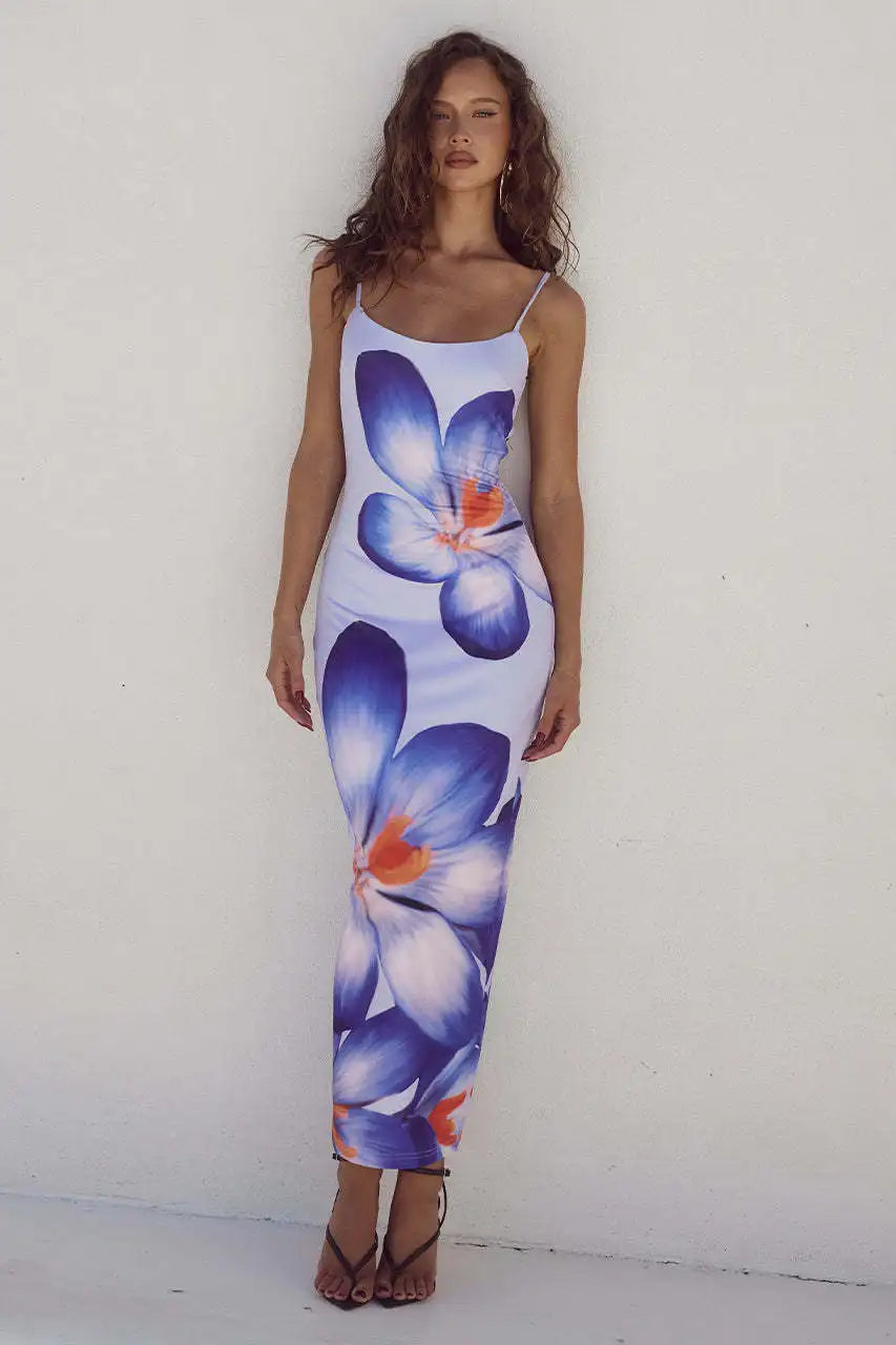 Floral Print Spaghetti Strap Square Neck Bodycon Maxi Dress - View 12