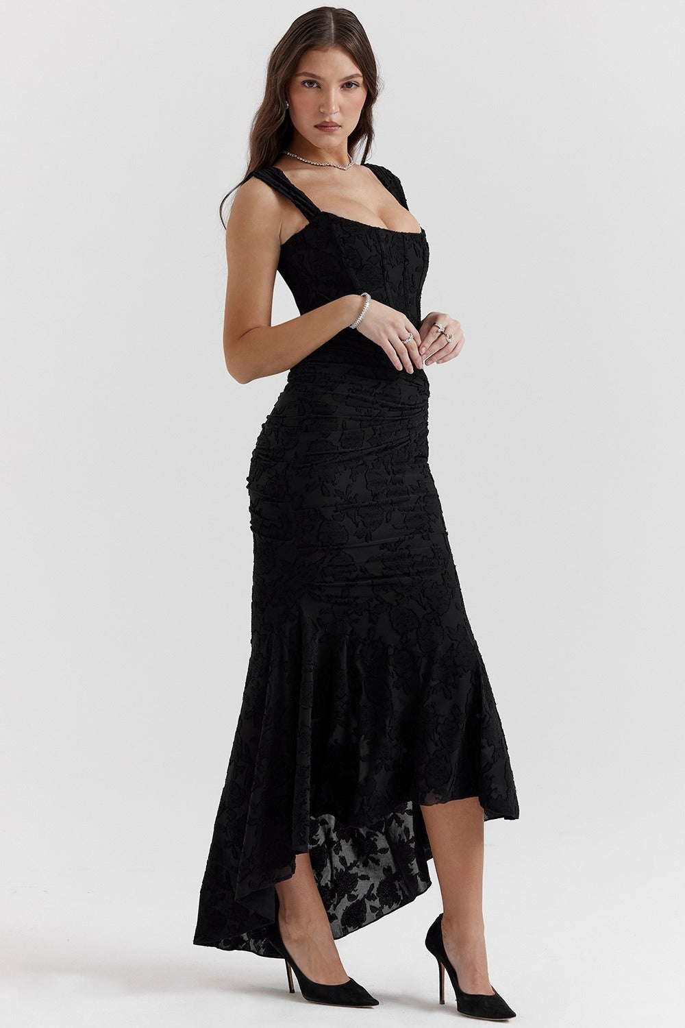 Jacquard Square Neck Corset Ruched Mermaid Gown 27