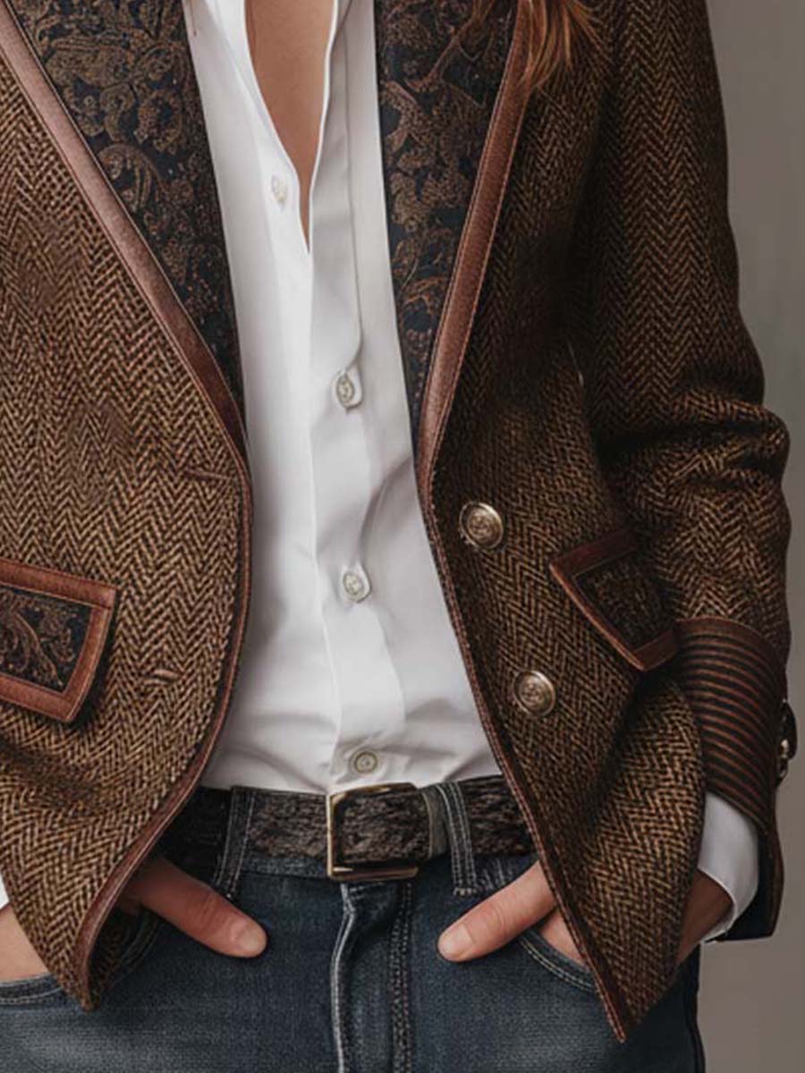 Herringbone Paisley Panel Faux Leather Trim Blazer 8