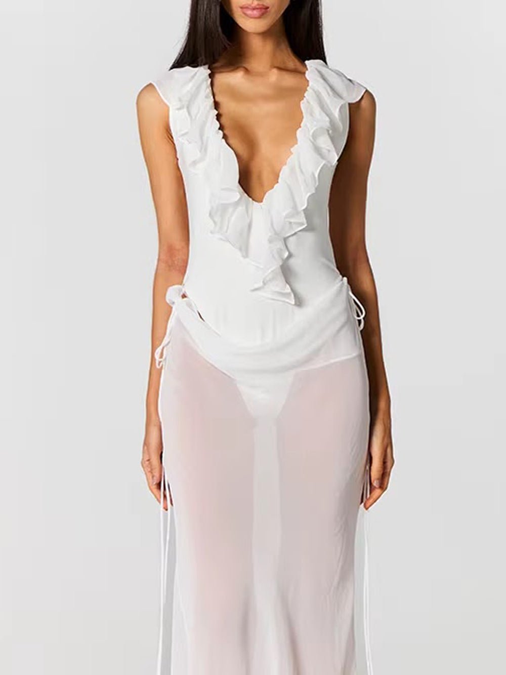 Deep V-Neck Ruffle Trim Sleeveless Sheer Skirt Tie Waist Maxi Gown - View 3