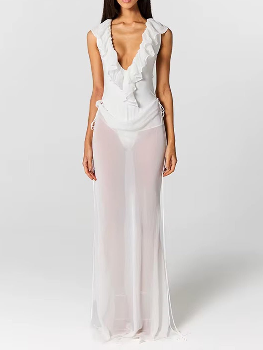 Deep V-Neck Ruffle Trim Sleeveless Sheer Skirt Tie Waist Maxi Gown