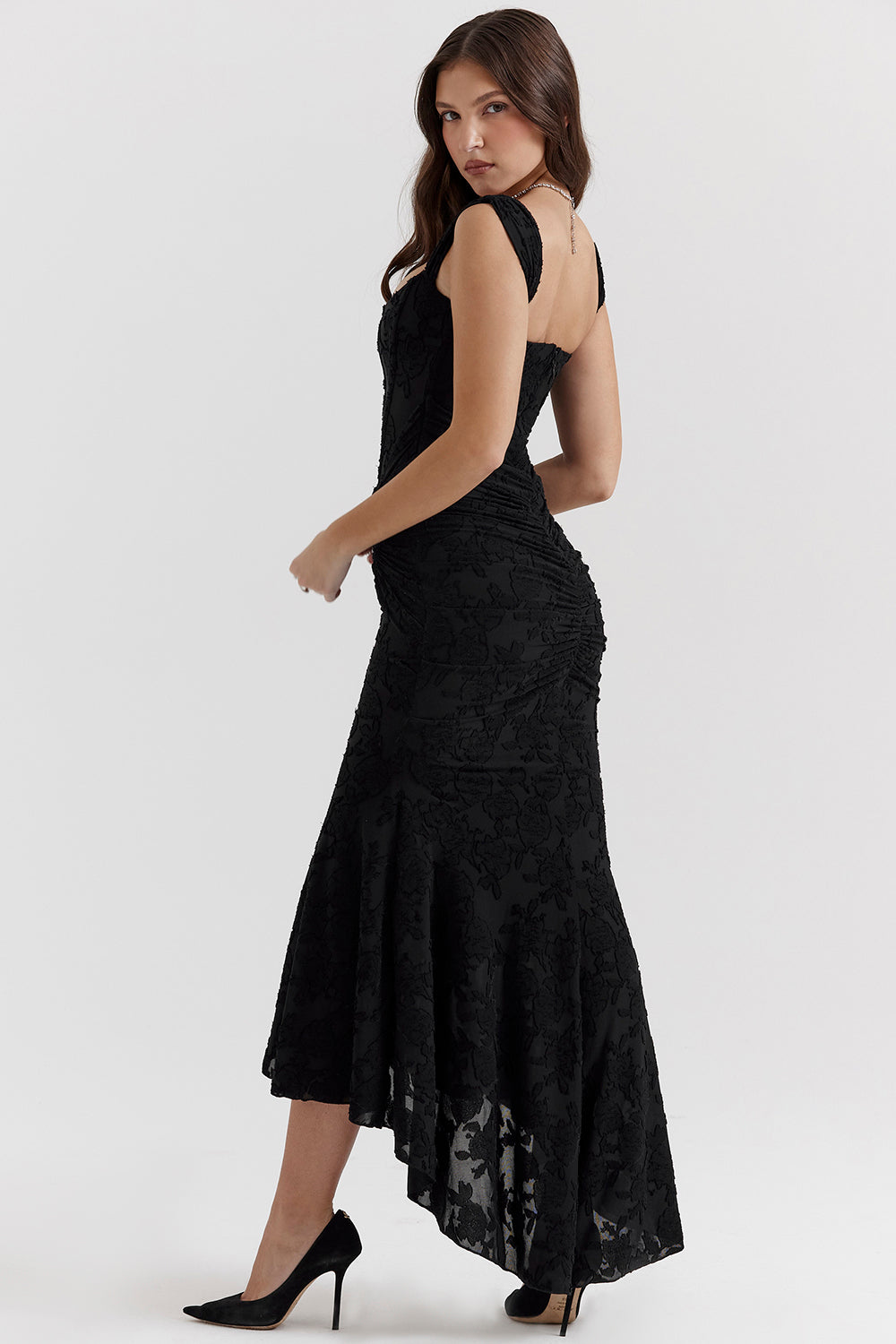 Floral Jacquard Square Neck Corset Bodice Ruched Mermaid High Low Gown - View 13