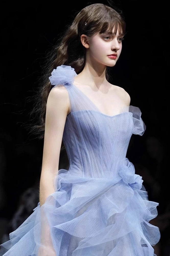 Tulle One Shoulder Bustier Tiered Ruffle Gown - View 3