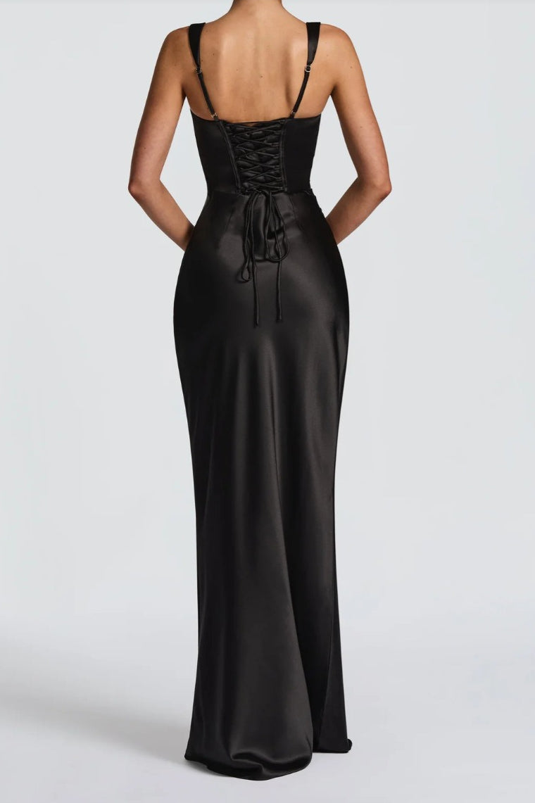 Satin Square Neck Ruched Slim Fit Maxi Prom Dress - View 11
