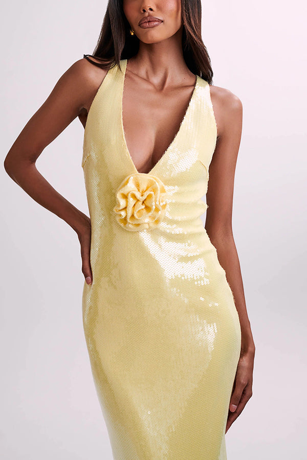 Sequin Halter Neck Floral Applique Backless Mermaid Maxi Dress - View 7