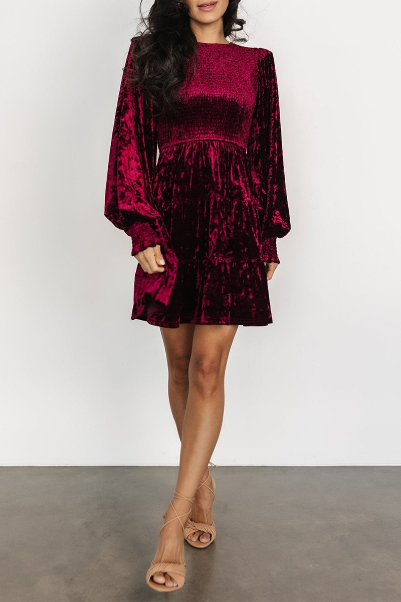 Crew Neck Long Sleeve Smocked Tiered Velvet Mini Dress 7