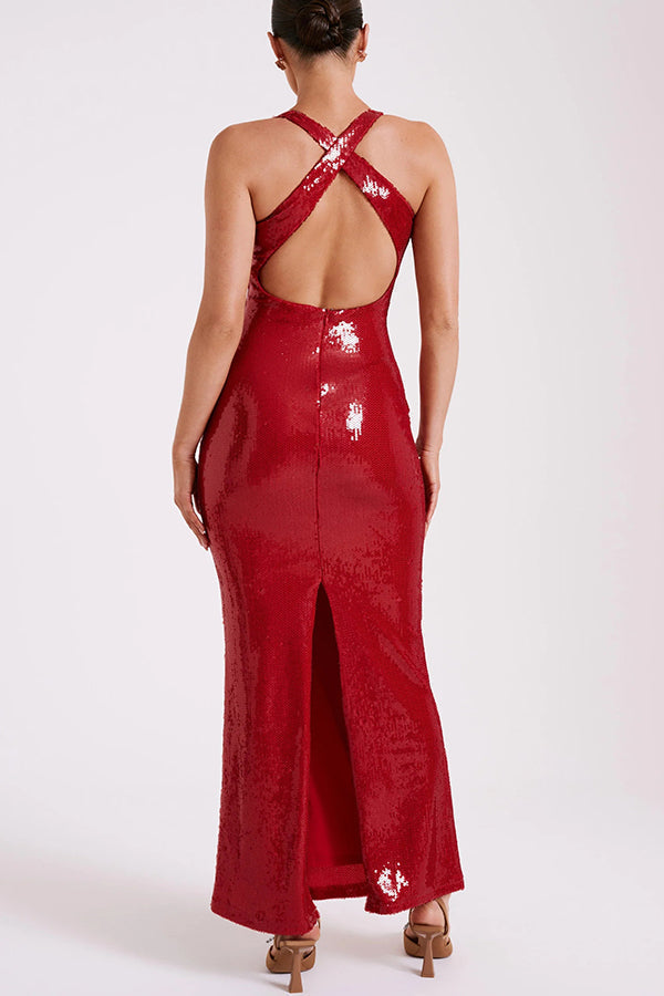 Sequin Halter Neck Floral Applique Backless Mermaid Maxi Dress - View 16