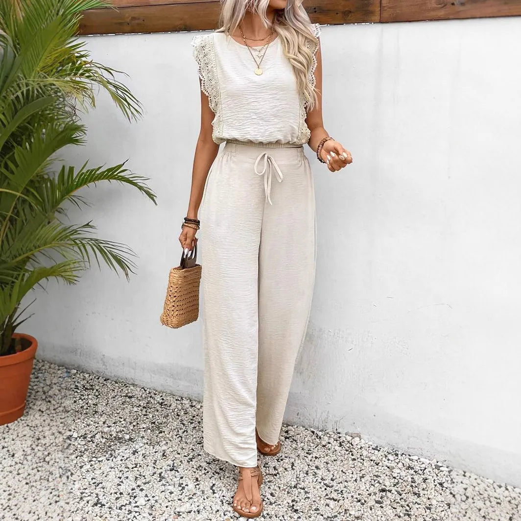 Round Neck Lace Trim Sleeveless Wide Leg Jumpsuit 44
