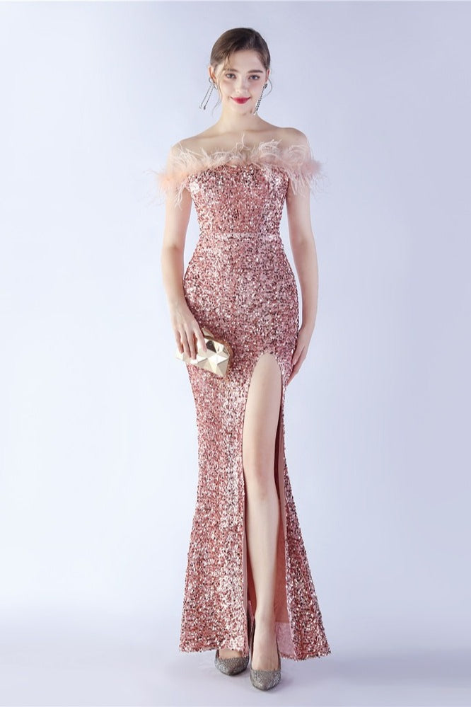 Sequin Off Shoulder Feather Trim High Split Mermaid Gown - View 13