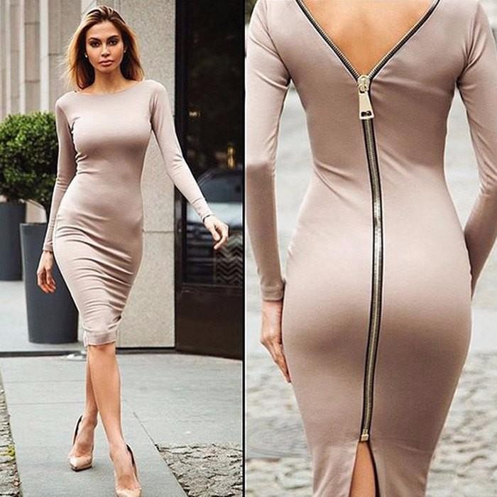 Long Sleeve Bodycon Exposed Zip Back Slit Midi Cocktail Dress - View 5