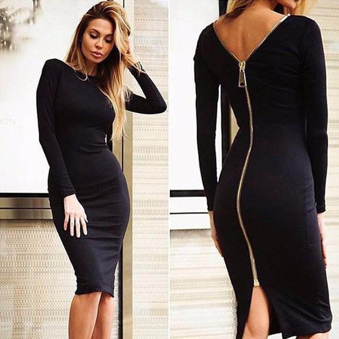 Long Sleeve Bodycon Exposed Back Zip Slit Midi Cocktail Dress - View 4