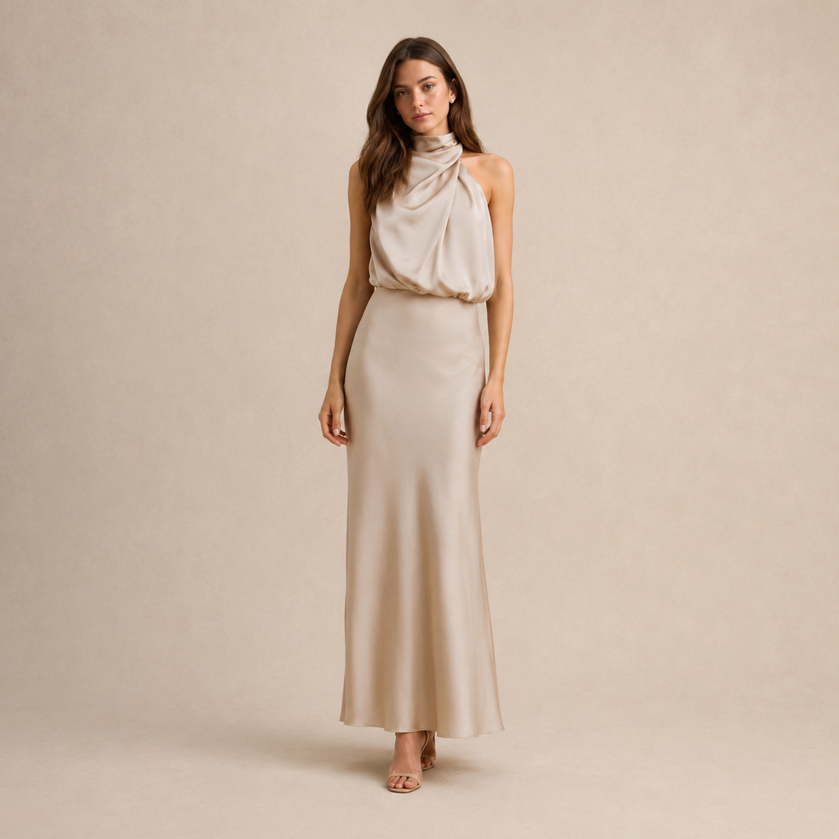 Satin Cowl Halter Neck Bias Cut Maxi Dress 13