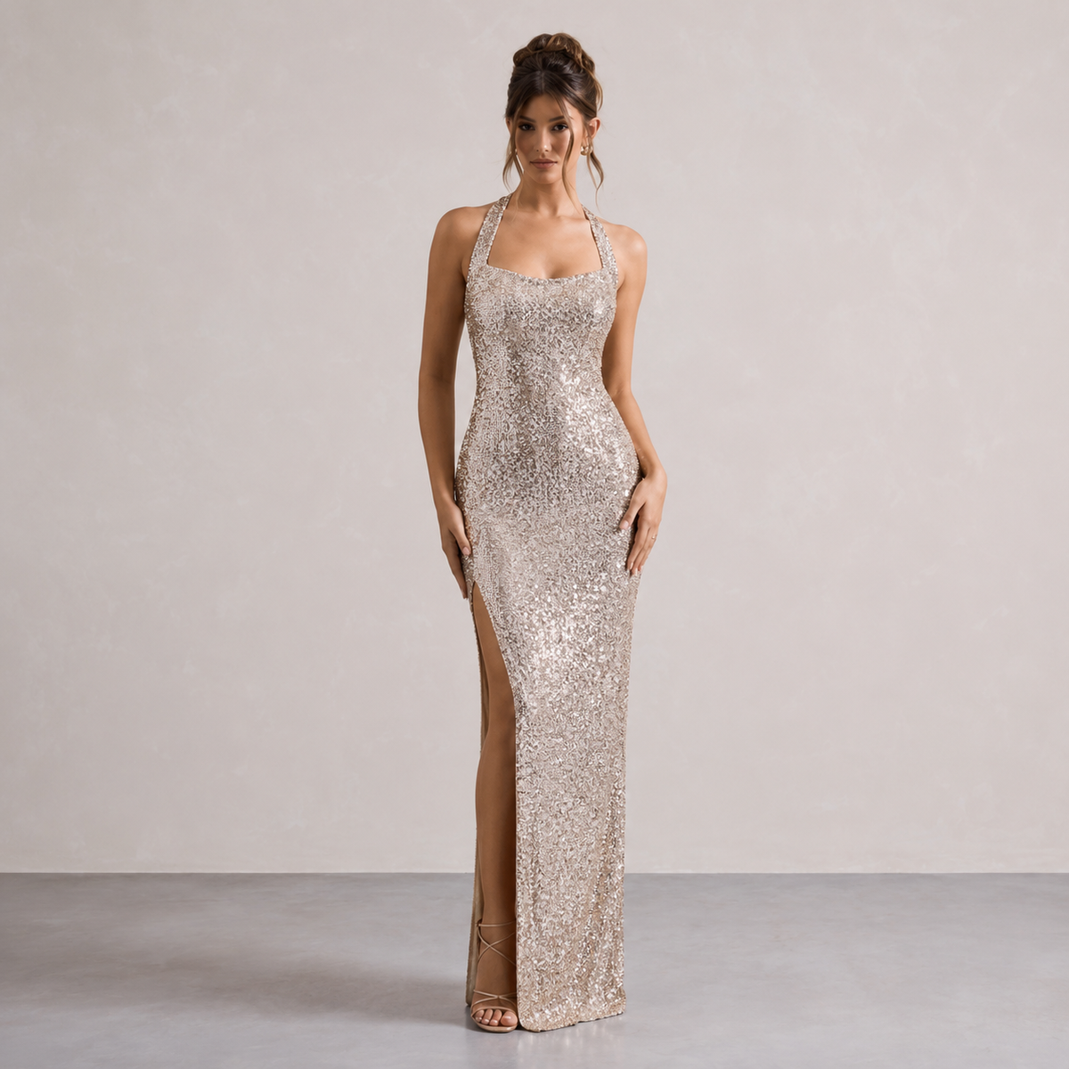 Halter Neck Sequin Backless High Split Maxi Gown 7