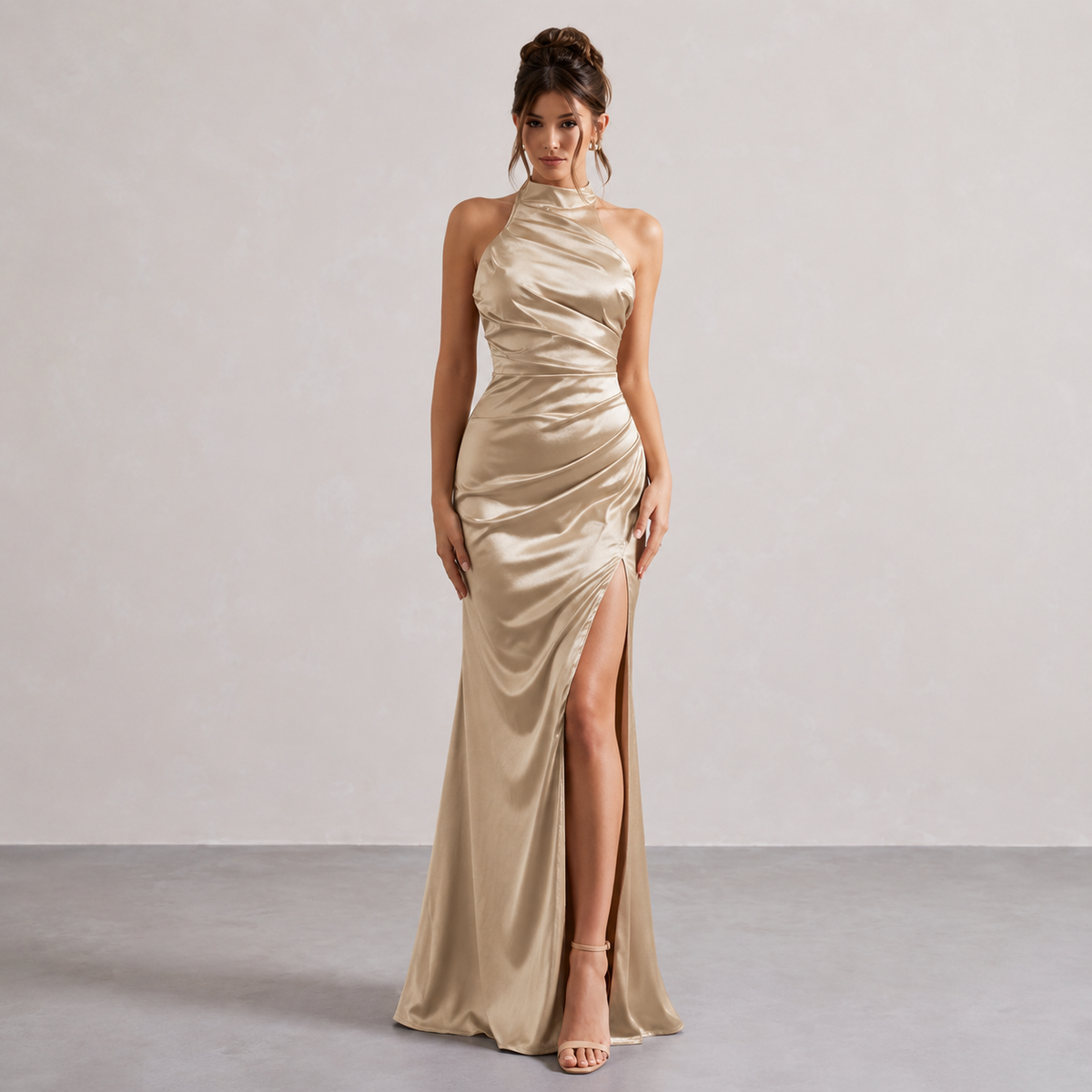 Satin Halter Neck Ruched High Split Mermaid Maxi Dress 4