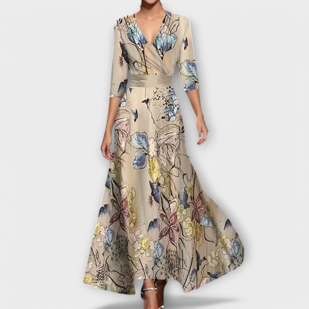 Floral Print V-Neck Long Sleeve Fit and Flare Maxi Dress 2