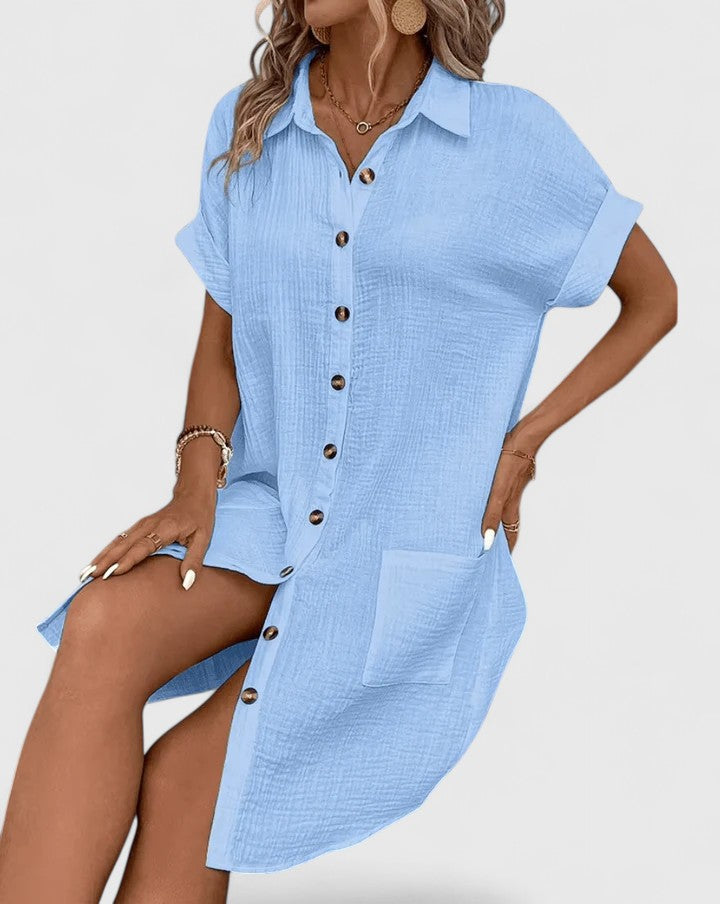 Collared Short Sleeve Button Front Pocket Maxi Shirt Dress 7