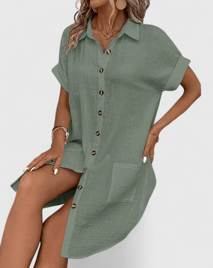 Collared Short Sleeve Button Front Pocket Maxi Shirt Dress 8