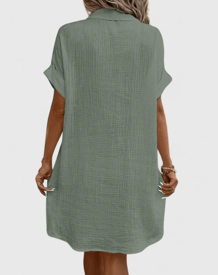 Collared Short Sleeve Button Front Pocket Maxi Shirt Dress 11