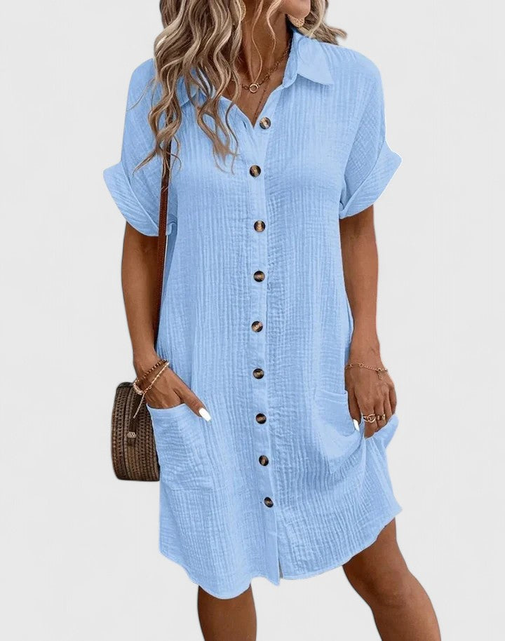 Collared Short Sleeve Button Front Pocket Maxi Shirt Dress 14