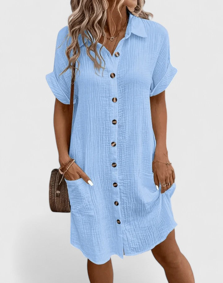 Collared Short Sleeve Button Front Pocket Maxi Shirt Dress 3