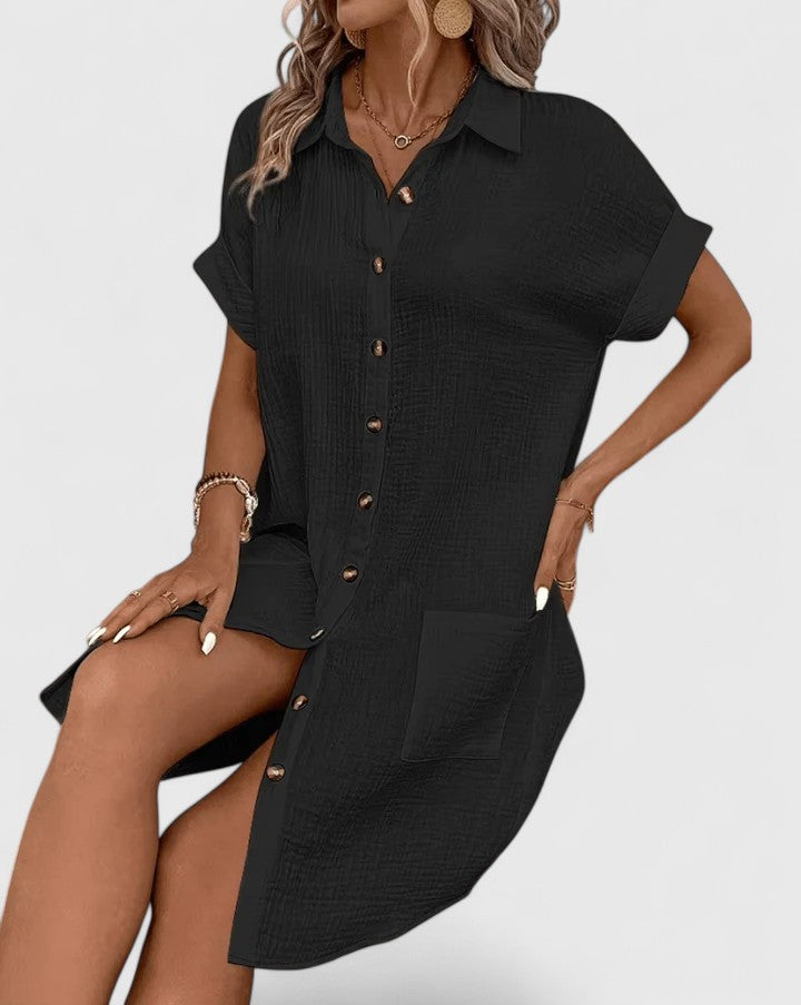 Collared Short Sleeve Button Front Pocket Maxi Shirt Dress 5
