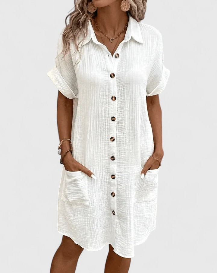 Collared Short Sleeve Button Front Pocket Maxi Shirt Dress 18