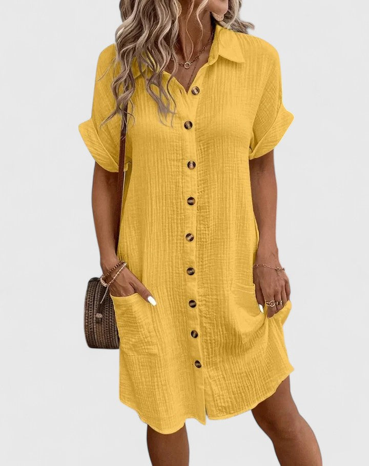 Collared Short Sleeve Button Front Pocket Maxi Shirt Dress 19