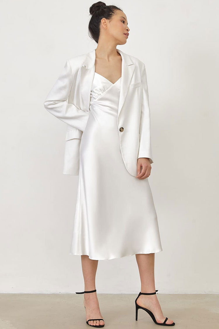 Spaghetti Strap V-Neck Satin Slip Midi Dress in Beige - View 3