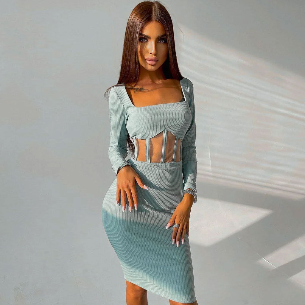 Square Neck Long Sleeve Mesh Panel Midi Dress - Teal - View 2
