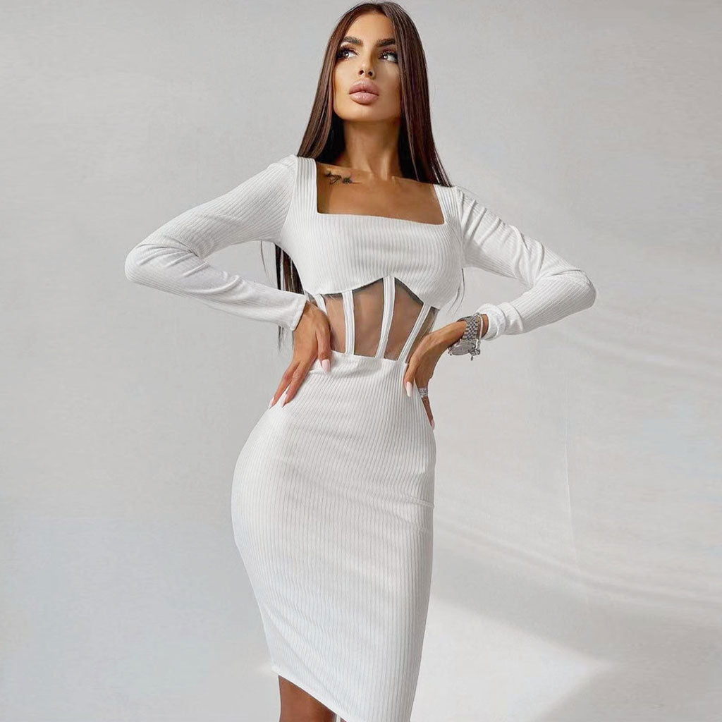 Square Neck Long Sleeve Mesh Panel Midi Dress - White - View 2