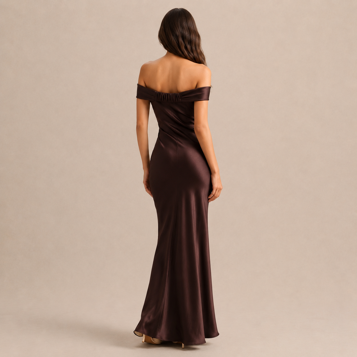 Off Shoulder Twist Front Satin Column Maxi Dress 15