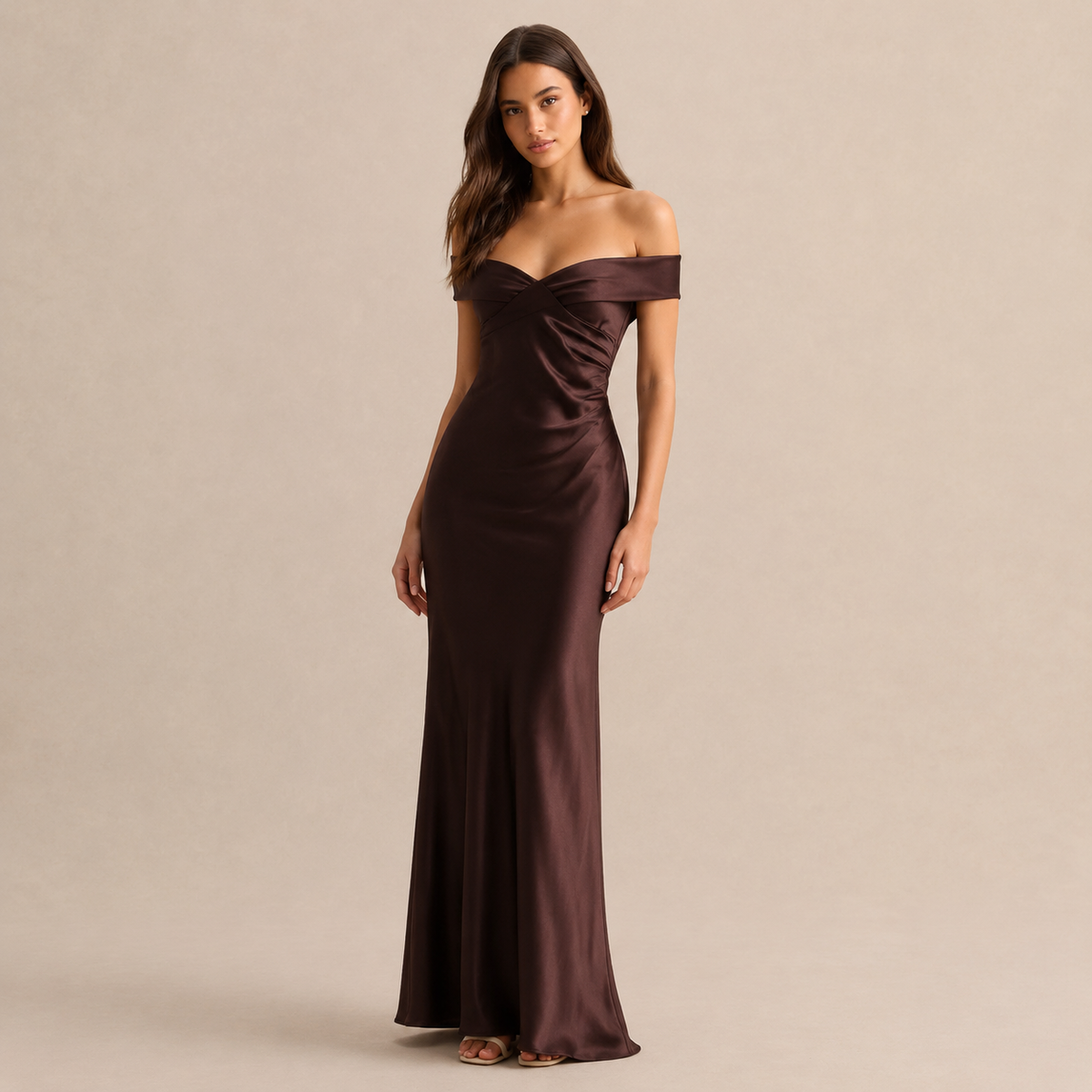Off Shoulder Twist Front Satin Column Maxi Dress 13