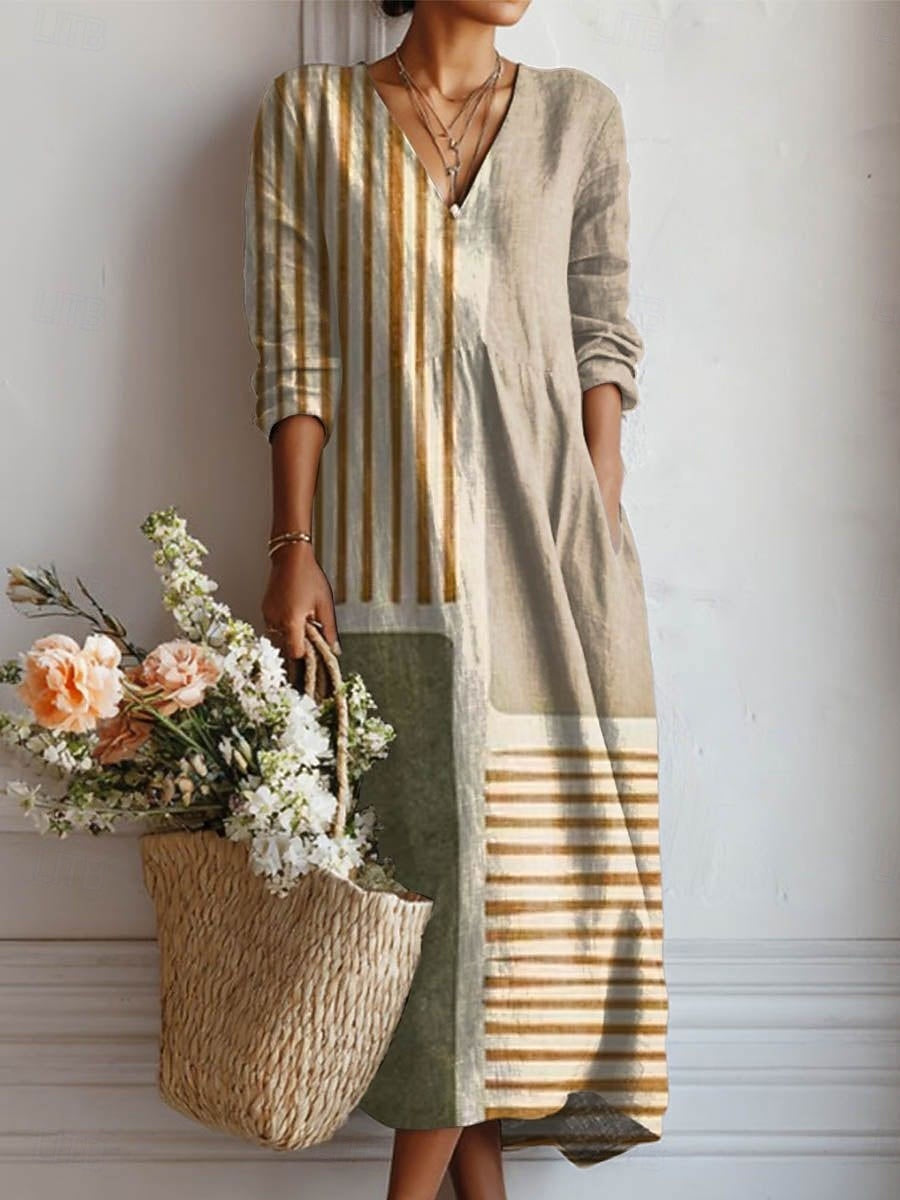 Striped Patchwork V-Neck Long Sleeve Pocket Maxi Dress 2