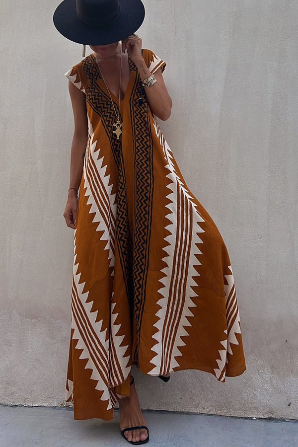 Geometric Print V-Neck Short Sleeve Flowy Boho Maxi Dress - View 5