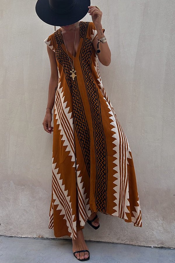 Geometric Print V-Neck Short Sleeve Flowy Boho Maxi Dress - View 9