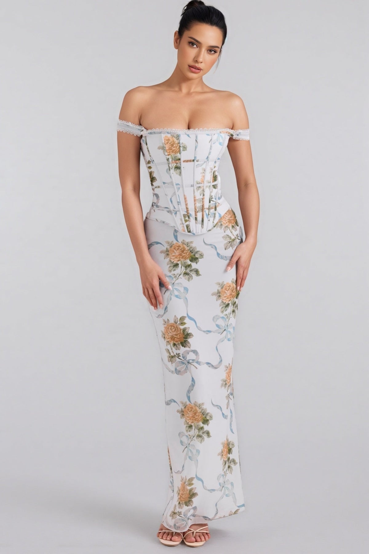 Setlla Soft Blue Vintage Print Corset Maxi Dress