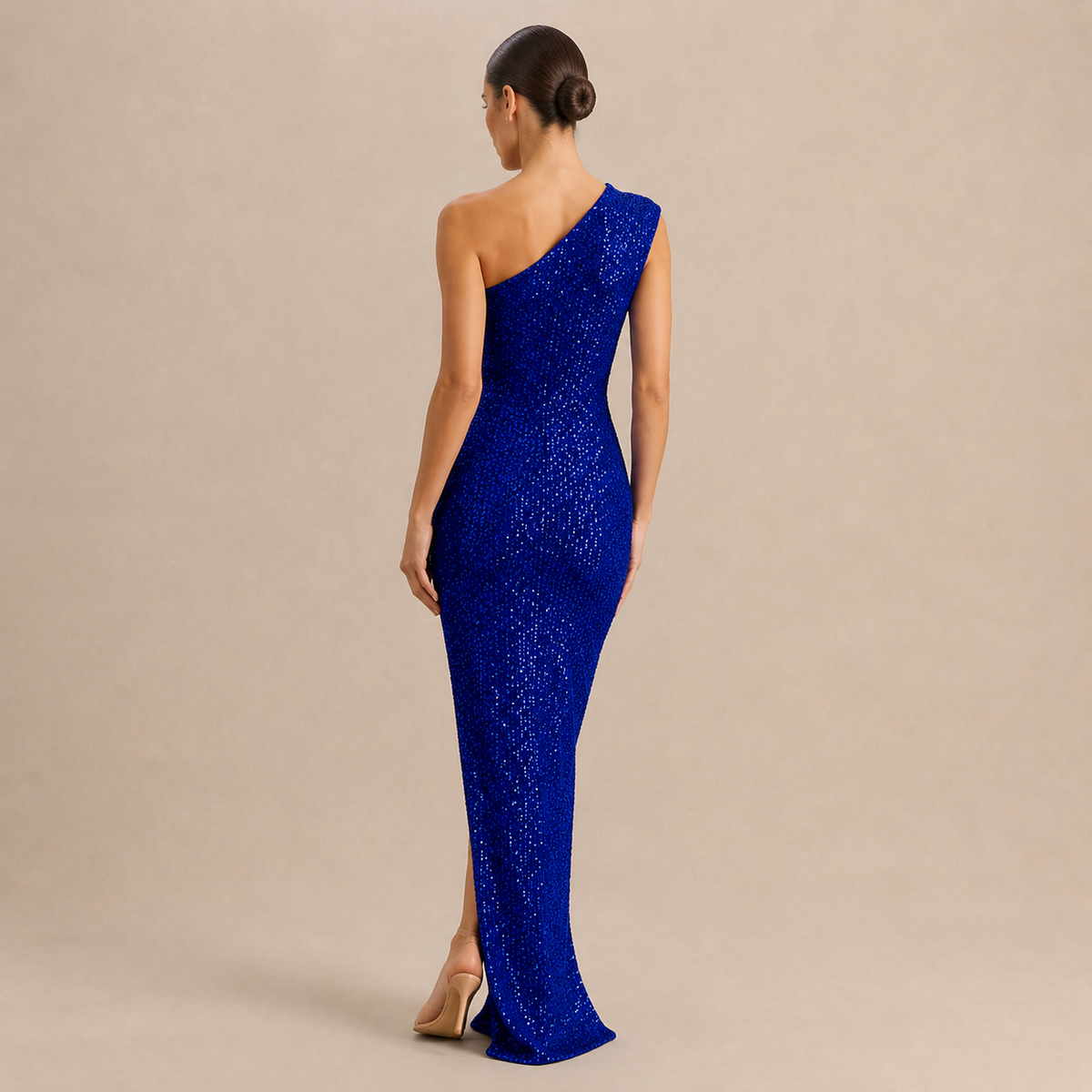 Sequin One Shoulder High Split Column Maxi Gown 15