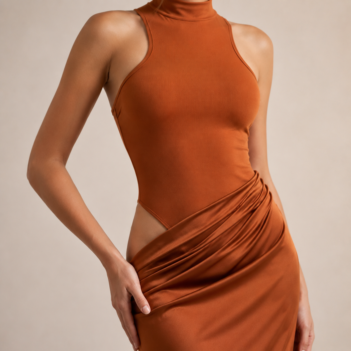High Neck Cut Out Draped Satin Maxi Gown 6