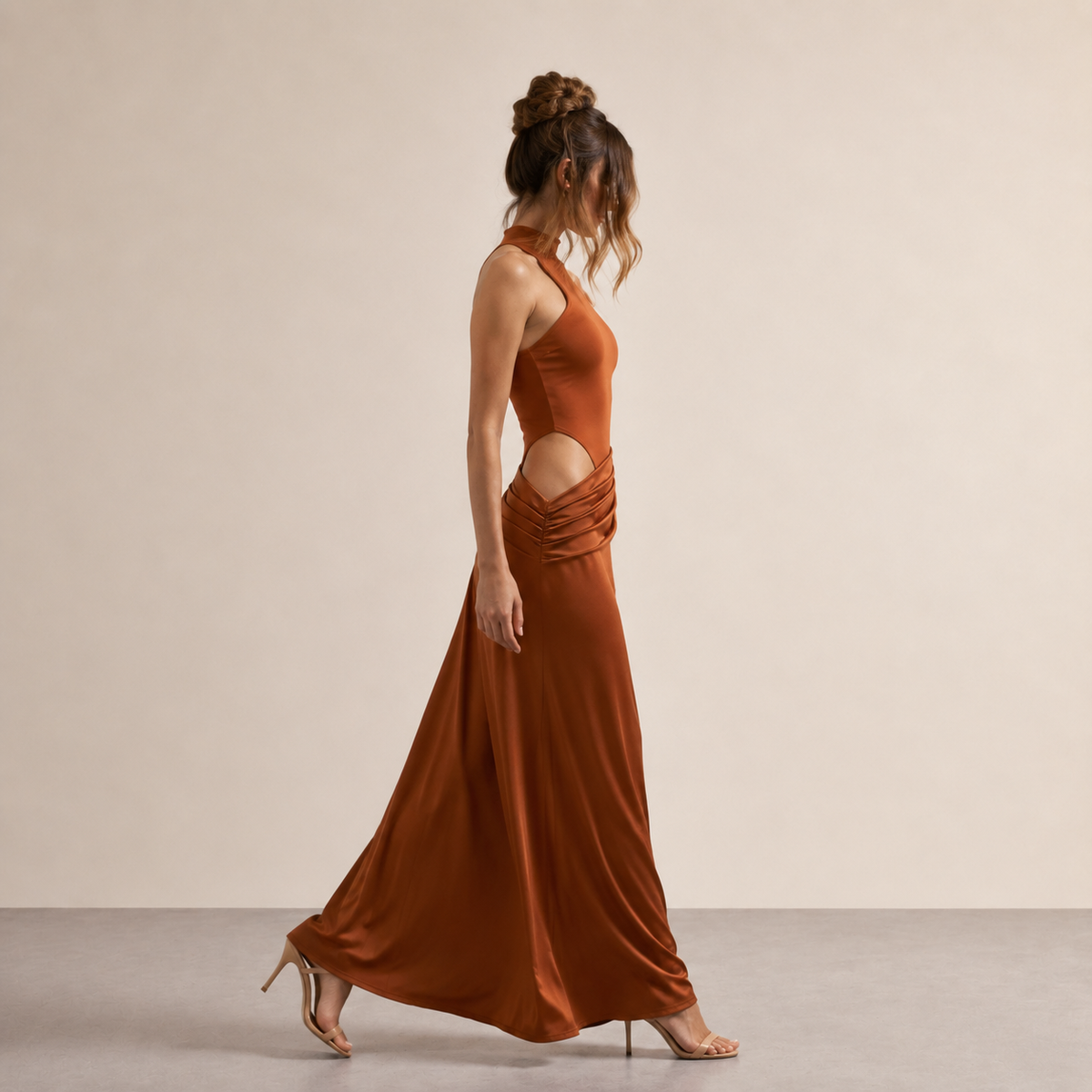High Neck Cut Out Draped Satin Maxi Gown 8