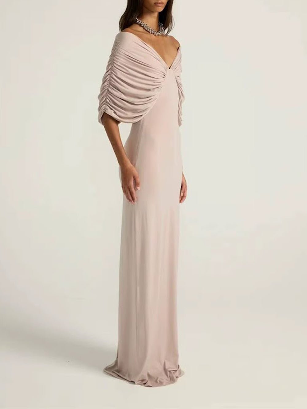 Off Shoulder V-Neck Ruched Draped Maxi Gown - View 4