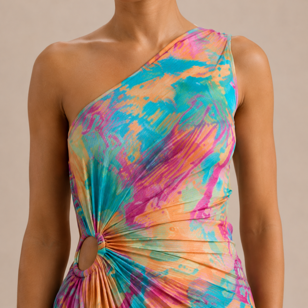 One Shoulder Floral Pleated O Ring Cut Out Maxi Dress 5